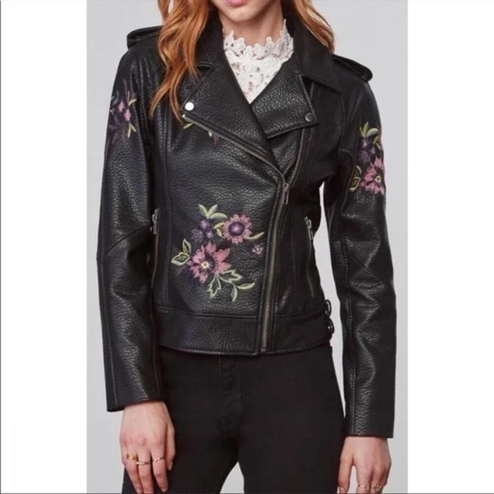 Stylish Black Faux Leather Biker Jacket with Floral Embroidery by Dakota